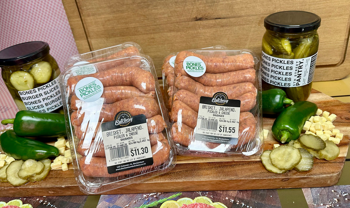 Smokey Jalapeno, Bones Pickles & Cheese Sausages
